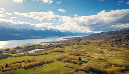 Fototapeta premium Stunning spring views of the countryside and green grass and beautiful flowers, with rolling hills and fertile soil, against a backdrop of vast mountains