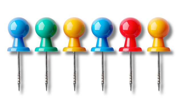 "Colorful Push Pins Grid: Bright and Glossy Office Supplies on Transparent Background"