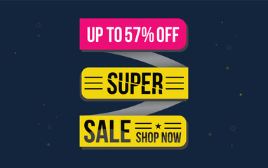Supper sale vector design with 57% off and hanging colorful streamers in white background for store promotions and party celebrations
