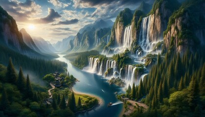 Majestic mountains and a magnificent waterfall.