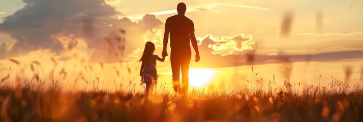 silhouette father with little daughter walk at sunset. father's day background concept