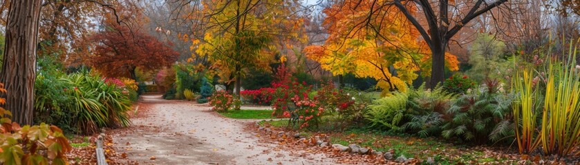 Naklejka premium Peaceful Autumn Park Path with Bench