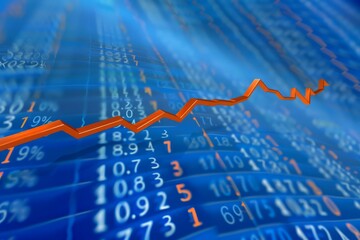Stock market chart, numbers and orange upward line, blue background