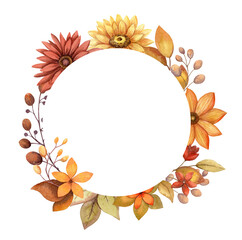 Round frame of fall watercolor flowers. Circular wreath of hand drawn autumn floral illustration with branches and botanical elements. Bright flowers for greeting card and invitations.