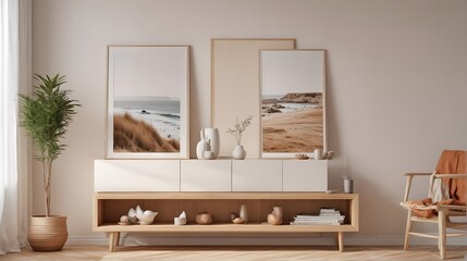 A mockup frame placed on a shelf in a Scandinavian style living room. Selective focus