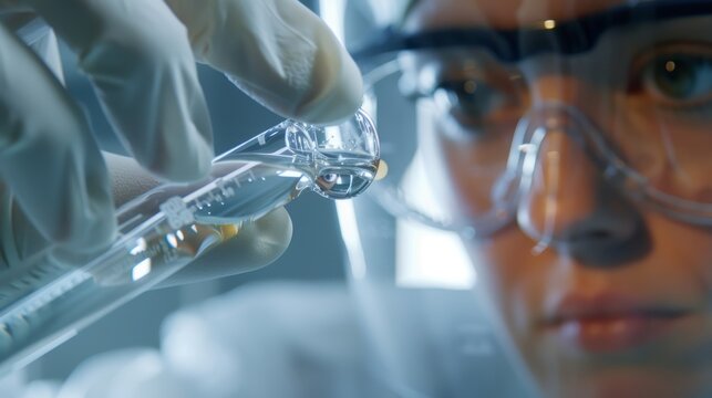 A scientist in a cleanroom suit observes a small droplet of crude oil suspended in a clear solution studying its physical properties for analysis.