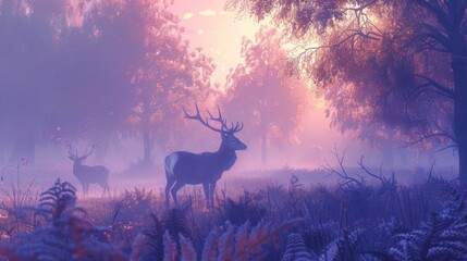 Misty Forest with Majestic Deer Pair