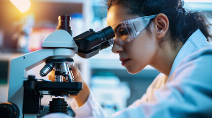 Scientist examining a slide under a microscope in a laboratory