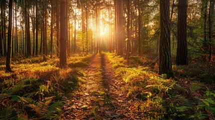 Fototapeta premium Sunlit Forest Path with Golden Light