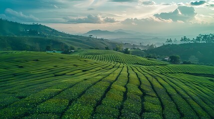 Visualize an aerial scene of a lush tea plantation on rolling hills, with neat rows of tea bushes extending to the horizon under a partly cloudy sky