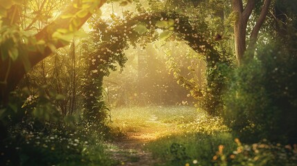 Enchanted Archway Draped in Vines Amidst Magical Forest. Generative Ai