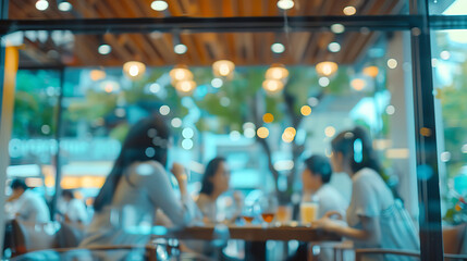 "Blurred image of people meeting at a table, business professionals discussing in a modern setting"