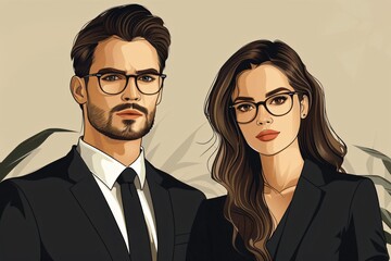 "Illustrative Business Portraits: Male and Female Professionals in the Global Market, Commerce, and Communication Industry"