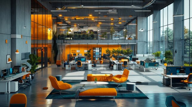 Modern Office with High Ceilings, Large Windows, and Vibrant Colors