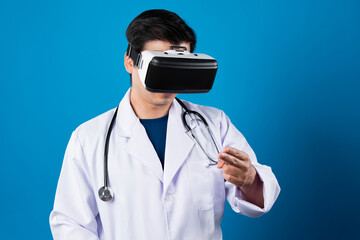 Smart doctor wearing VR headset connect metaverse touching screen with medicine research treatment...