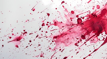 Intriguing ruby paint splatters scattered across a backdrop of pure white, creating an atmosphere of mystery and intrigue