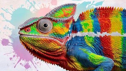 Rainbow Colour Chameleon closeup at paint splash background ,Chameleon Sitting ,nature ,reptile ,lizard ,dragon , animal ,green , branch ,illustration .