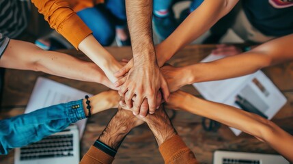 Group of people stacking hands together, symbolizing teamwork, unity, and collaboration in a professional environment.