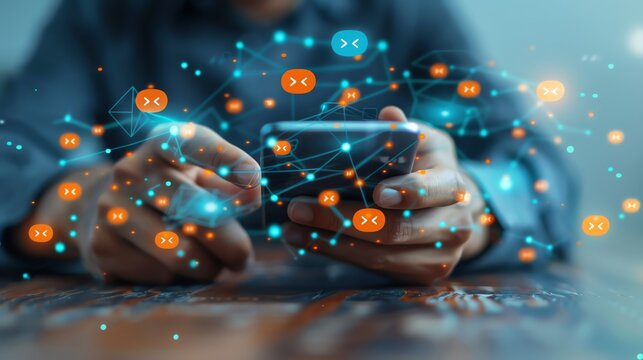 Close-up of hands using a smartphone with futuristic holographic interface, representing technology, communication, and digital networking.