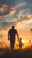silhouette father with little daughter walk at sunset. father's day background concept