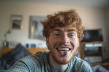 Realistic phone selfie made by a young irland redhead guy showing tongue, at home without filters