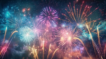 Fototapeta premium The evening sky is illuminated by colorful fireworks during the Antimatter Spectacular a nightly show set to music and incorporating antimatter effects.
