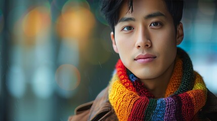 A young Asian man wears a rainbow scarf to proudly display his identity. Colorful scarves symbolize diversity and inclusion. It reflects his pride and solidarity with the LGBT community.