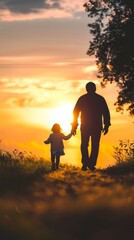 silhouette father with little daughter walk at sunset. father's day background concept
