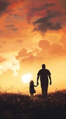 silhouette father with little daughter walk at sunset. father's day background concept