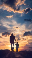 Fototapeta premium silhouette father with little daughter walk at sunset. father's day background concept