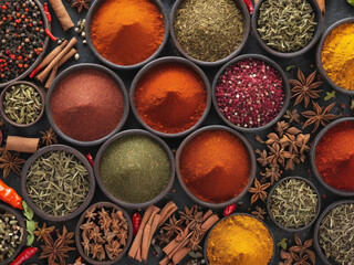 Colorful spice background, top view. Seasonings and herbs for In. Bright spice background, top view. Collection seasoning and herbs of Indian food - generated by ai