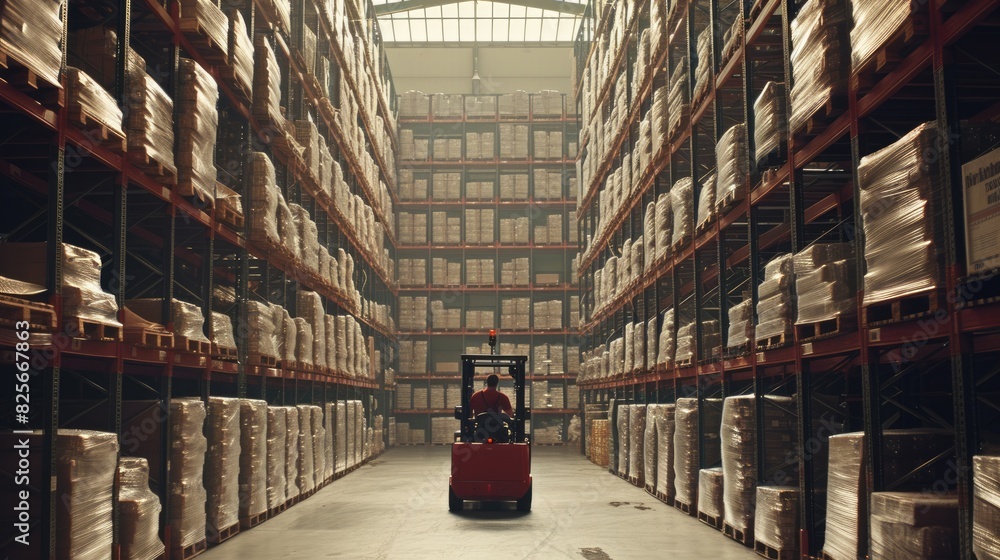 Poster smart warehouse worker or operator driving forklift and lifted product surrounded with box at storag