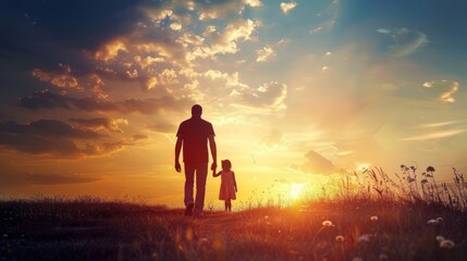 silhouette father with little daughter walk at sunset. father's day background concept