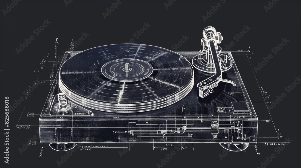 Poster a monochromatic patent illustration of a record player highlighting the precise measurements and cal