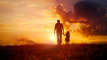 silhouette father with little daughter walk at sunset. father's day background concept