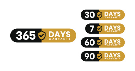 Minimalist and elegant Vector warranty shield with checklist label icon set. Black and gold. Number of days 7, 30, 60, 90, 365. vector eps