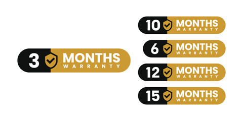 Minimalist and elegant Vector warranty shield with checklist label icon set. Black and gold. number of months 3, 6, 10, 12, 15. vector eps