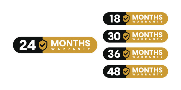 Minimalist and elegant Vector warranty shield with checklist label icon set. Black and gold. number of months 18, 24, 30, 36, 48. vector eps