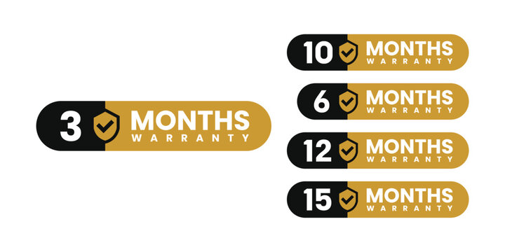 Minimalist and elegant Vector warranty shield with checklist label icon set. Black and gold. number of months 3, 6, 10, 12, 15. vector eps