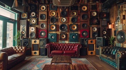 Vintage speakers line the walls adding a touch of nostalgia to this audio lovers paradise.