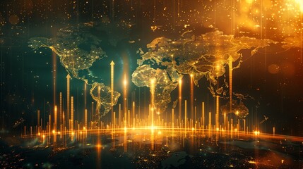 A glowing digital world map with golden connections representing global data exchange and technology advancements.