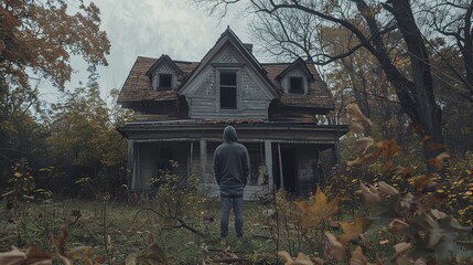 Vintage style of a person standing in front or behind an old, abandoned house surrounded by overgrown vegetation and trees with a mysterious atmosphere. The individual is wearing casual such as jeans