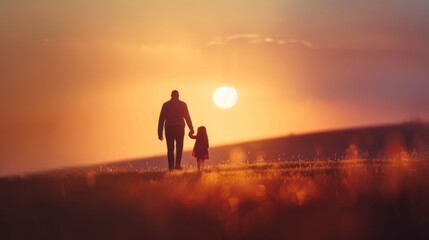 Fototapeta premium silhouette father with little daughter walk at sunset. father's day background concept