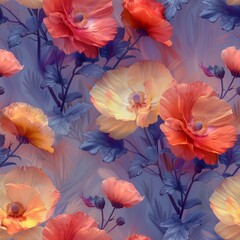 A seamless tile of poppy flowers on a soft simple background. 