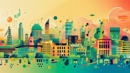 An illustration of a cityscape divided into different sections each one representing a specific music genre and showcasing their impact on the citys cultural scene.