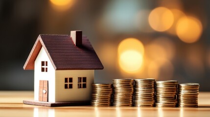 Mini house on stack of coins. Concept of property investment, income, tax, and passive income
