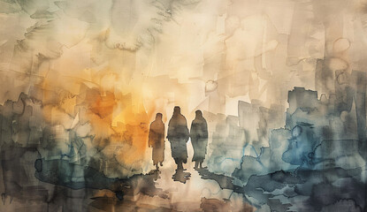 Watercolor painting of Jesus and his disciples walking