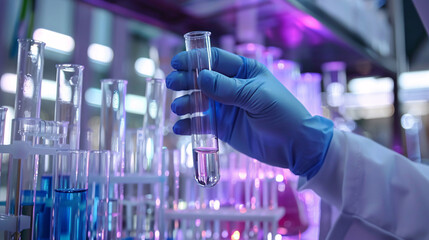 Close-up of a scientist's hands holding a test tube with a solution in a lab