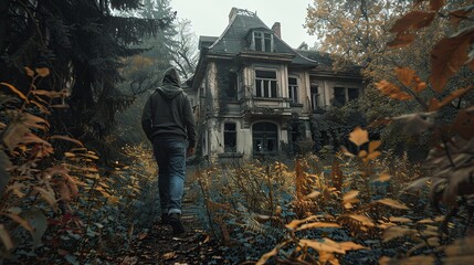 A photo of an abandoned house in the middle of nature, a young man wearing jeans and a hoodie walking towards it, creating an eerie atmosphere, with overgrown plants, old trees, and autumn colors in a