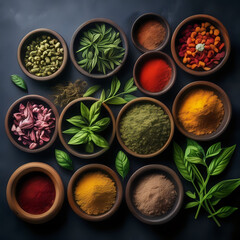 Colourful various herbs and spices for cooking on dark background - generated by ai